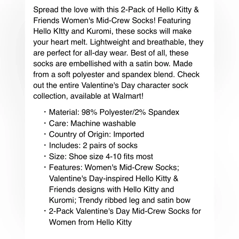 🔴 3/$12 Women’s Hello Kitty & Friends Mid‎ Crew Socks 2 Pack Size 4-10